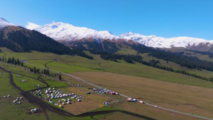 航拍新疆伊犁那拉提空中草原的雪山草地森林