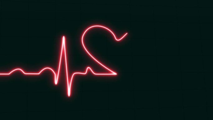 心电图心跳脉搏率发光红色爱形霓虹灯环动画蓝色网格背景。心电图60 BPM循环屏幕，蓝色带网格。心率监