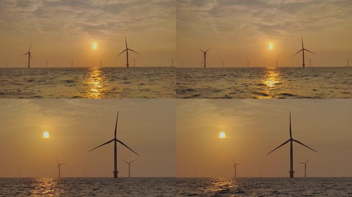 夕阳下的海上风力发电