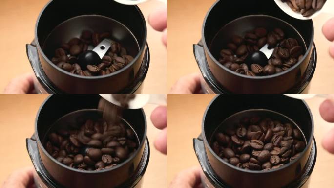 把咖啡豆放入咖啡研磨机