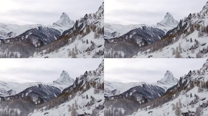 开幕风景电影航拍无人机采尔马特瑞士最著名的积雪覆盖山马特洪峰10月11月重新鲜的雪已经冬天攀登高峰黄