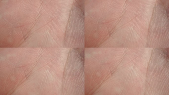 手部皮肤纹理特写。详细的人体皮肤，线条在手掌上微距滑块拍摄