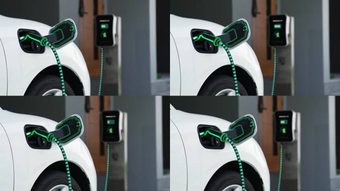 未来式充电器在家用充电站为电动汽车充电。细读