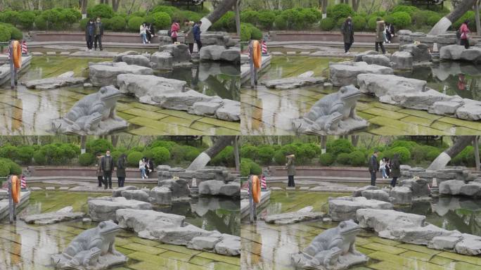 蛤蟆石雕与游客