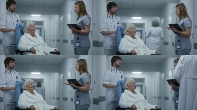 女医生与医生和老妇人交谈，使用药片