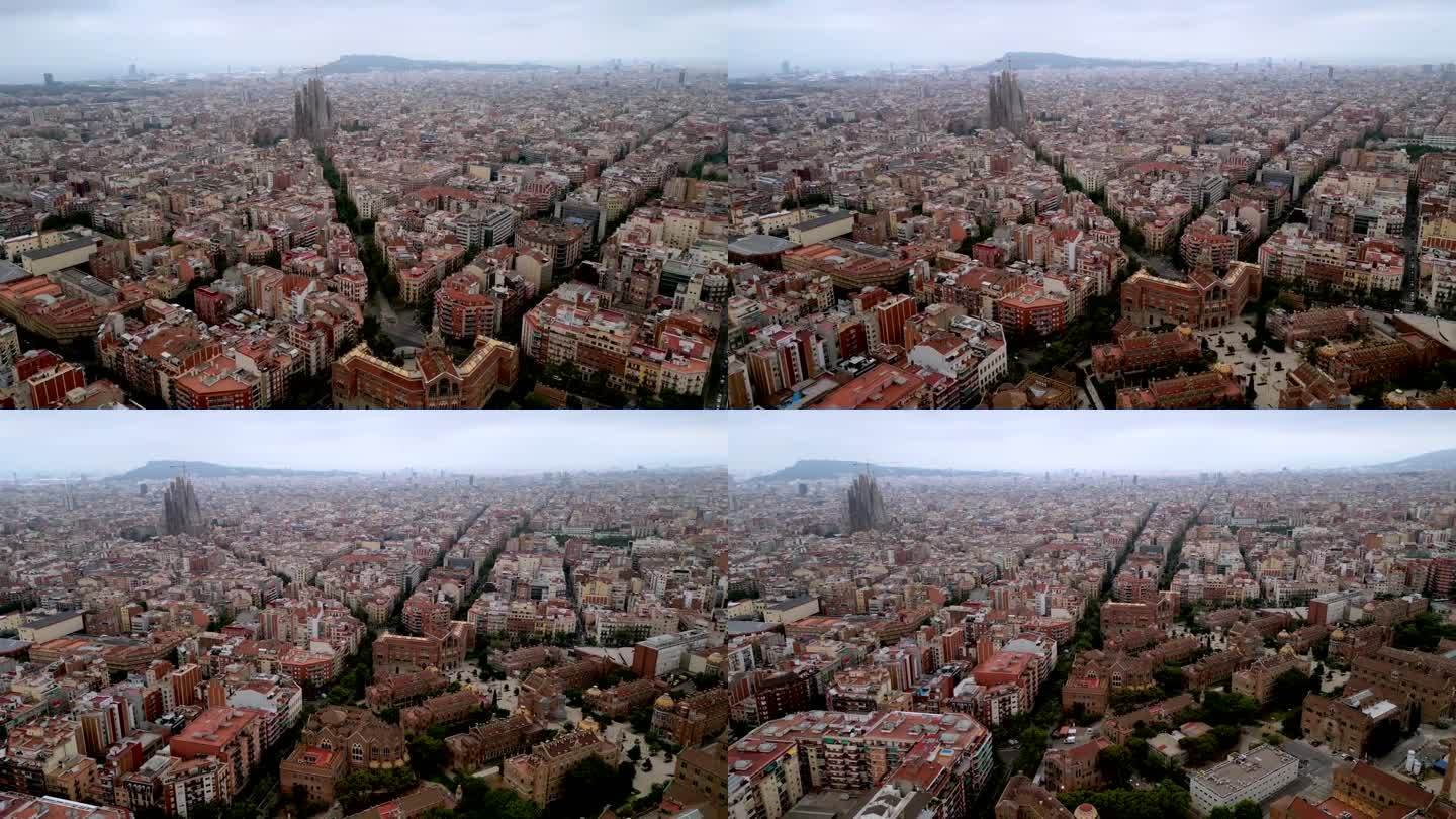 巴塞罗那市中心的广角视角和电影式无人机拍摄。