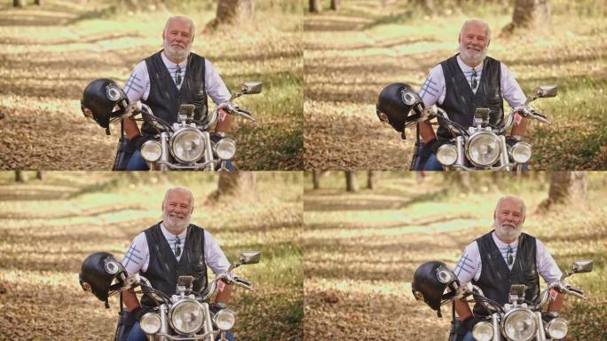 一个兴高采烈的白人骑摩托车的老人，坐在摩托车上