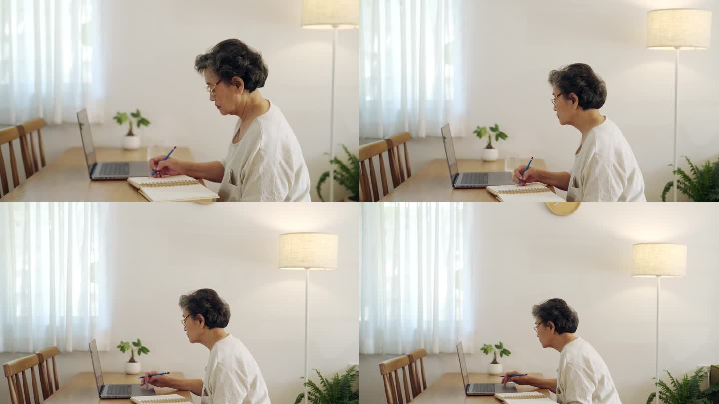 高级女性与笔记本电脑和铅笔保持联系。