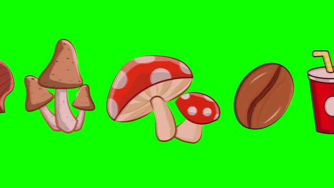 绿色背景上的蘑菇，咖啡，苏打，糖果，艺术的动画幻灯片。