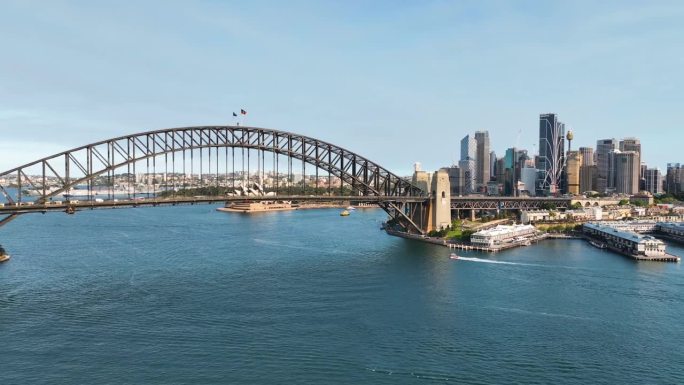 航拍悉尼海港大桥平移到悉尼CBD日落，澳大利亚
