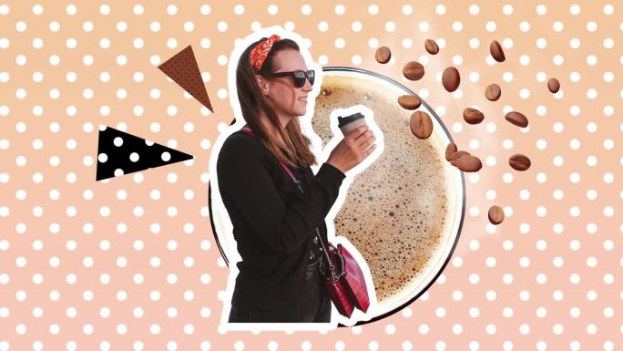 创意数码拼贴时尚年轻女子热咖啡杯飞豆蒸汽粉彩梯度波点定格动画。当代风格时髦新潮的动态图形咖啡馆广告