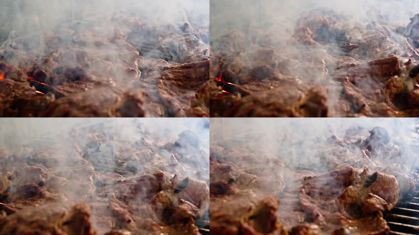 墨西哥餐厅烤架上的烟熏浅田牛肉特写镜头