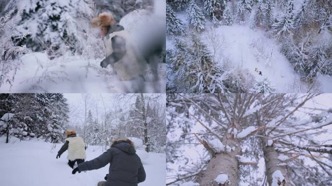 雪中艰难行走的两个男人