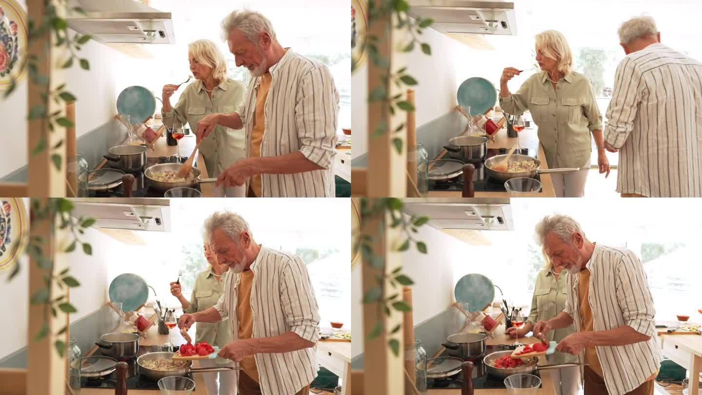 有爱心的老年丈夫为妻子做饭