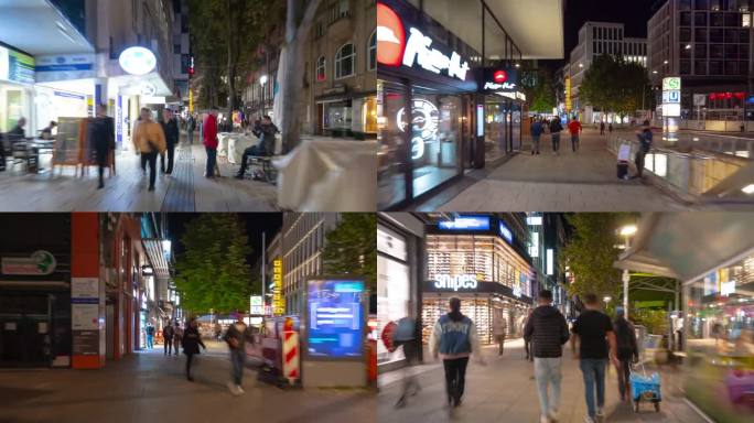 夜晚照亮斯图加特市中心著名的步行街步行全景4k延时拍摄德国