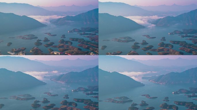 湖北黄石仙岛湖日出时的云雾缭绕延时摄影