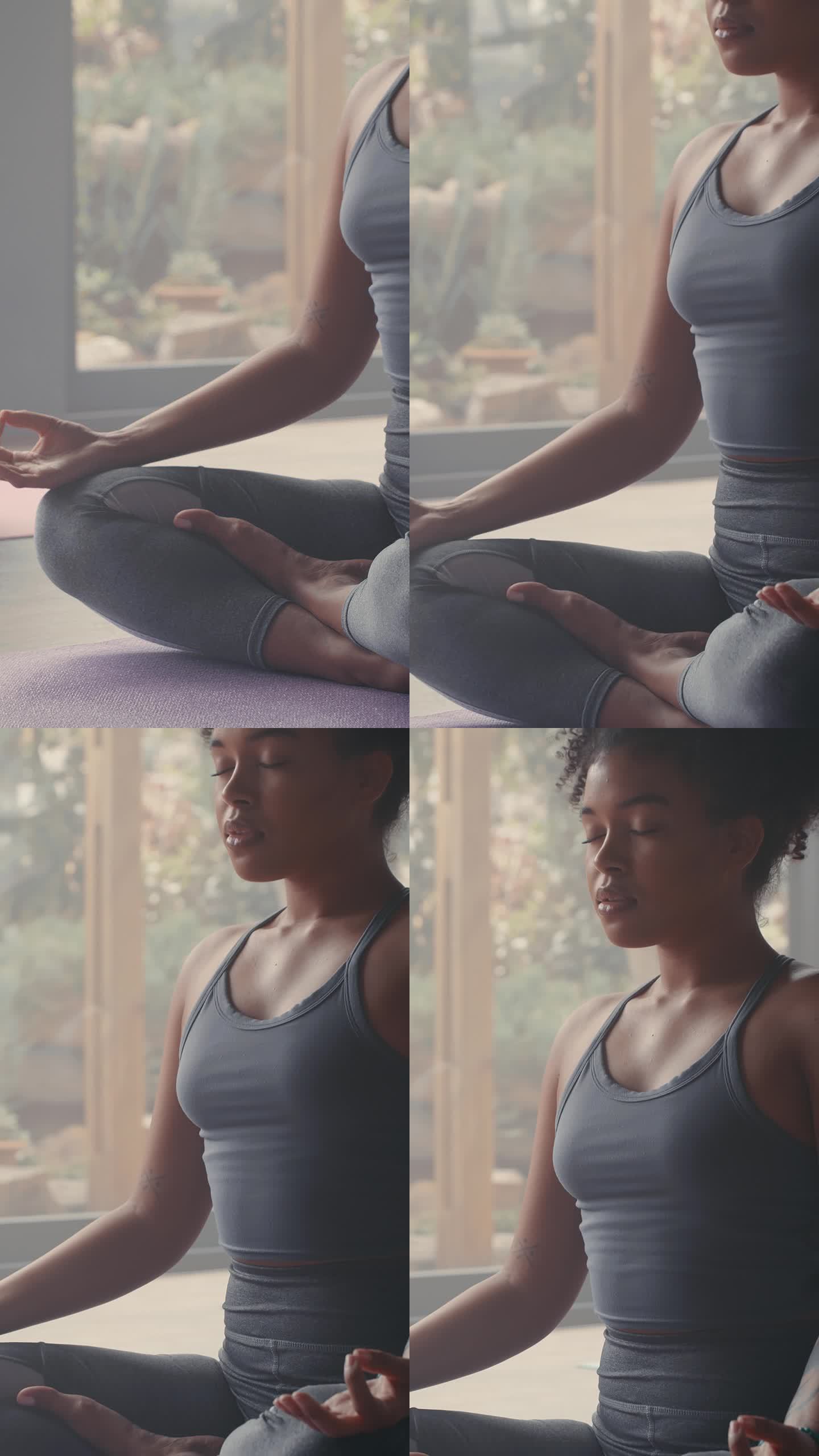 瑜伽，冥想和女性呼吸与和平，禅宗和精神锻炼健康的心态或健康。呼吸，平静和人放松在训练或整体类愈合能量