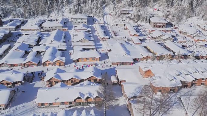 东北雪乡白天雪景航拍自然风光