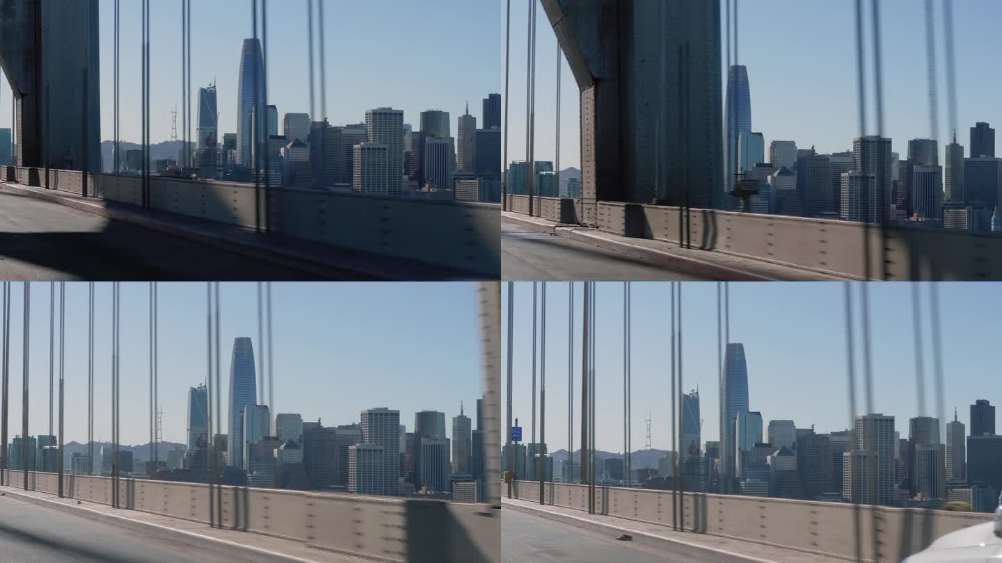 从奥克兰湾大桥上行驶的汽车上俯瞰旧金山