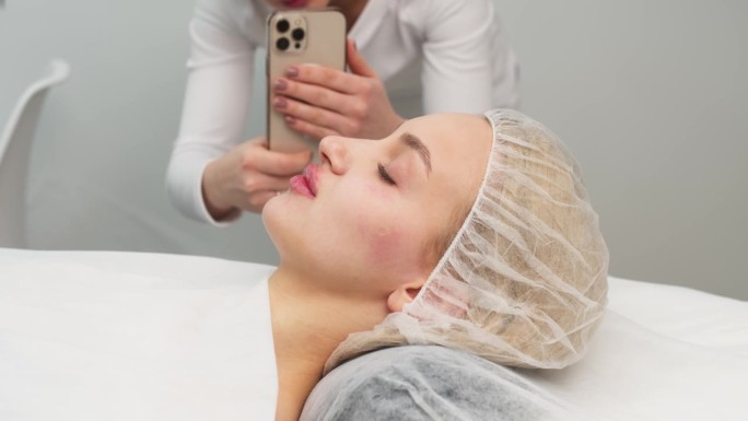 医务室里，一名女医生在给病人注射透明质酸、面部矫正和美容后，用手机给病人拍照。
