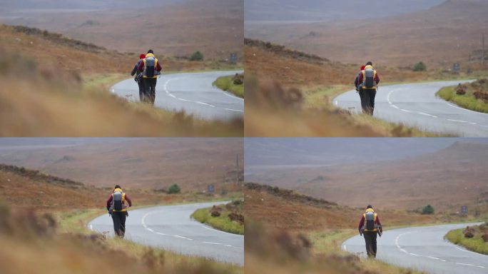 浪漫情侣徒步旅行。一起走在高速公路上回家