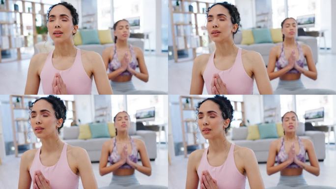 祈祷，瑜伽或女性呼吸冥想或健身运动在禅家工作室放松一起。平衡，人们或健康的朋友在训练中以平静的姿势为
