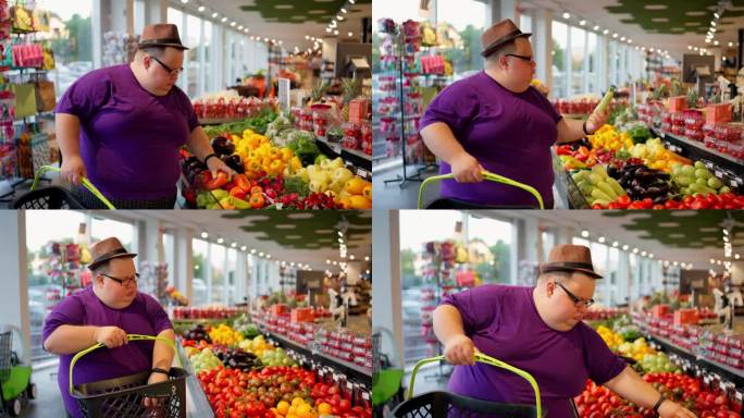 在一家大型超市里，一个穿着紫色t恤、戴着眼镜、戴着棕色帽子的超重男子走过蔬菜柜台，挑选西红柿和西葫芦