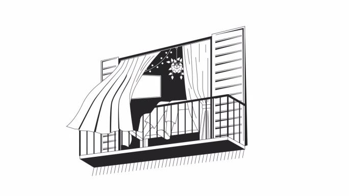 在阳台上挥舞着窗帘放松赤脚，勾勒出2D角色动画。舒适的阳台单色线性卡通4K视频。打瞌睡的非裔美国动画
