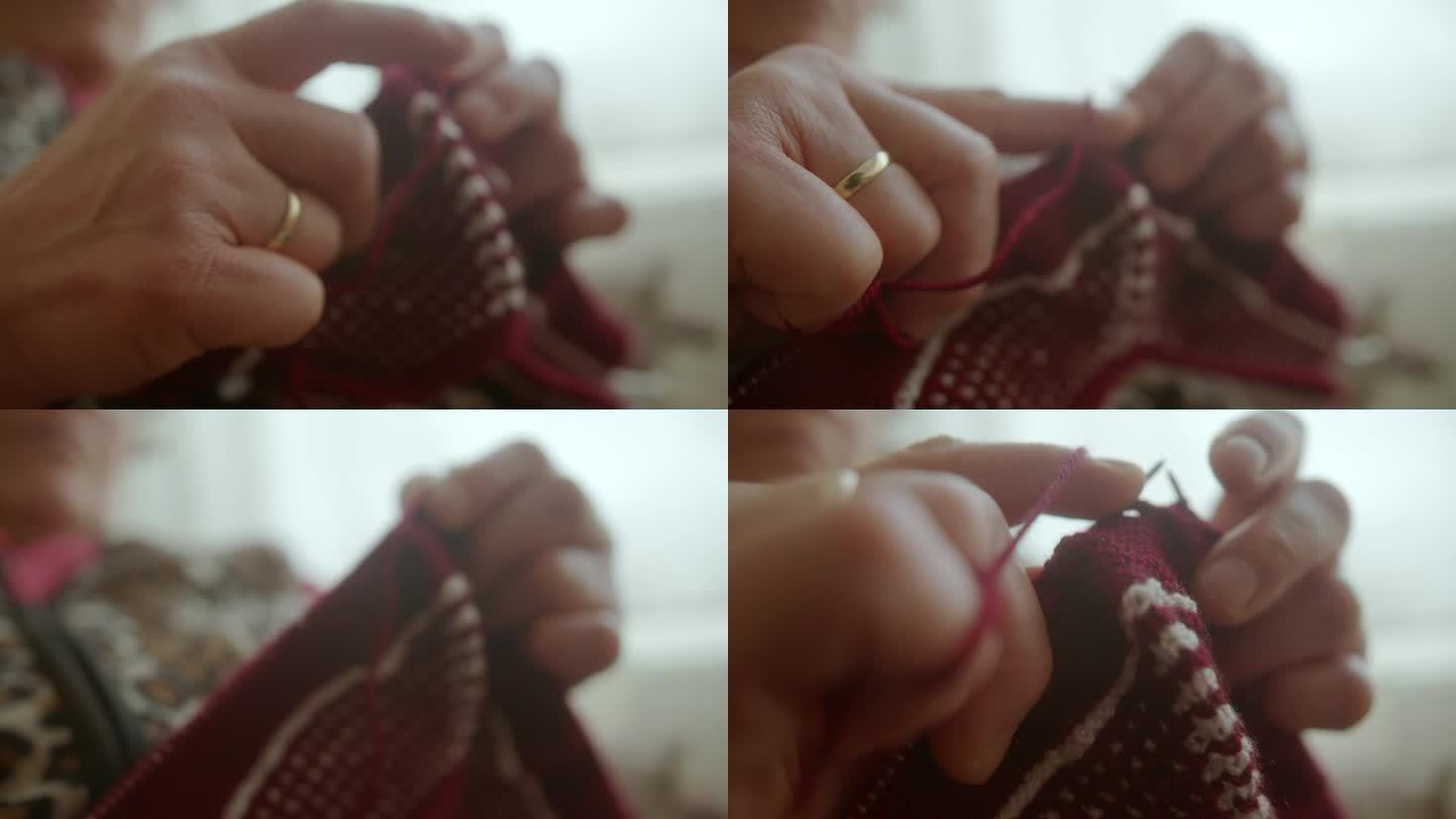 编织的艺术:老年妇女熟练的手制作袜子和拖鞋的特写