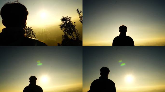 看日出的人少年登峰看日出看夕阳登山山顶