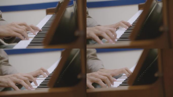 在法国学校里弹钢琴的学生。