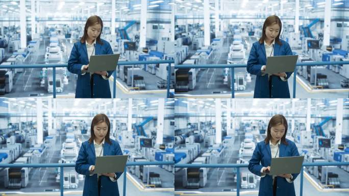 年轻的亚洲女工程师站在工厂里使用笔记本电脑。机器在工作，专家通过在线系统监控进度