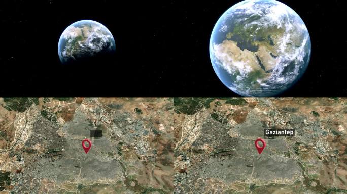 加济安泰普城市地图从太空到地球的缩放，土耳其(Turkiye)