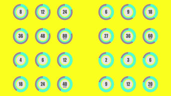 从10、15、30、45和60到0秒的倒计时计时器。现代平面设计的倒计时动画在黄色背景为10,15,