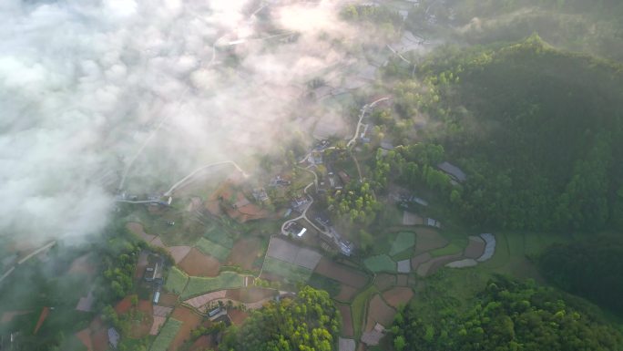 航拍清晨云雾笼罩的美丽小山村