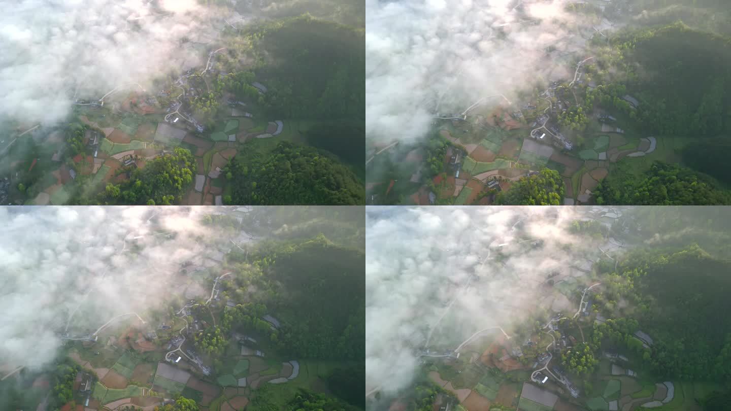 航拍清晨云雾笼罩的美丽小山村