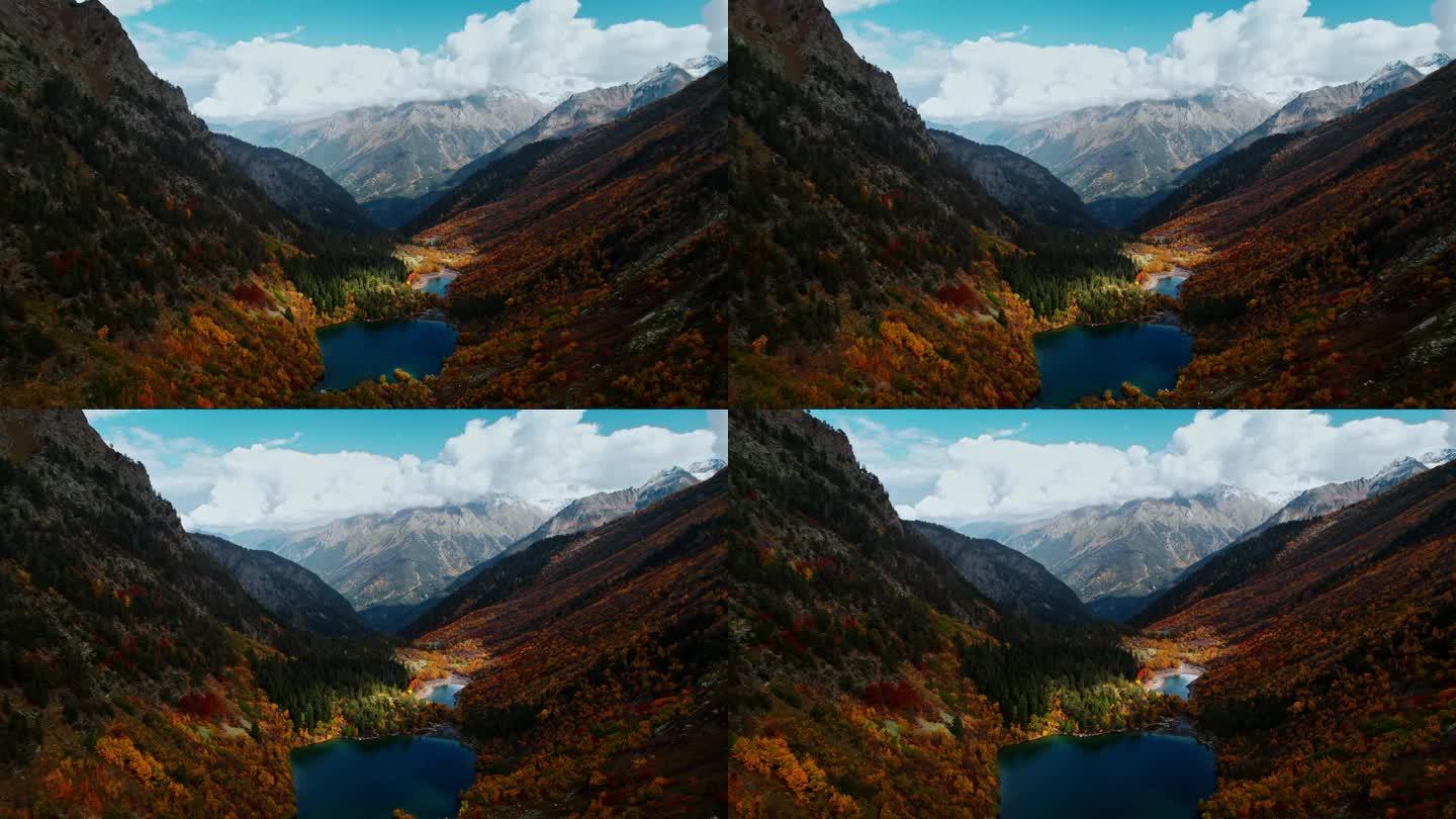 风景如画的空中山景，从空中俯瞰巨大雄伟的山脉和山谷中的湖泊