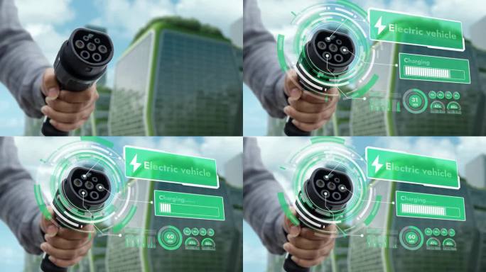 电动汽车充电器指向摄像头前，ESG城市景观背景。细读