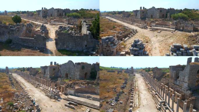 在这个迷人的空中库存视频中，展示了土耳其安塔利亚当代城市佩尔热古城的非凡废墟。相机优雅地在上方滑行，