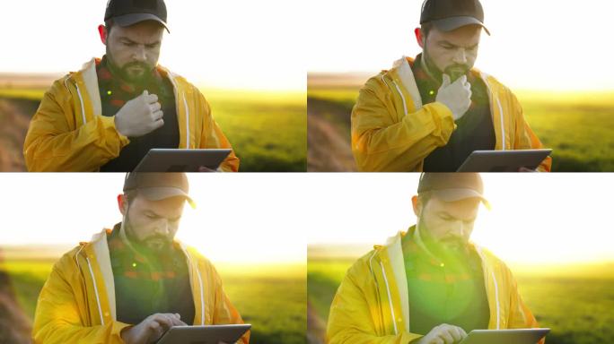 留胡子的帅哥拿着电子平板电脑在战场上。现代技术在农业种植活动中的应用。农学家在绿地上拿着药片。从事农