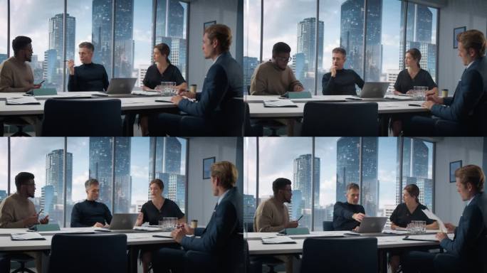 办公室会议室:不同团队的高层管理人员交谈，头脑风暴，使用平板电脑和笔记本电脑。白人男性企业家向投资者