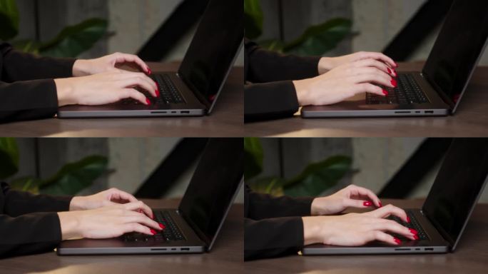 一个商业女性的女性手在笔记本电脑键盘上打字的特写，背景是深色的暖光灯。人与科技的理念。