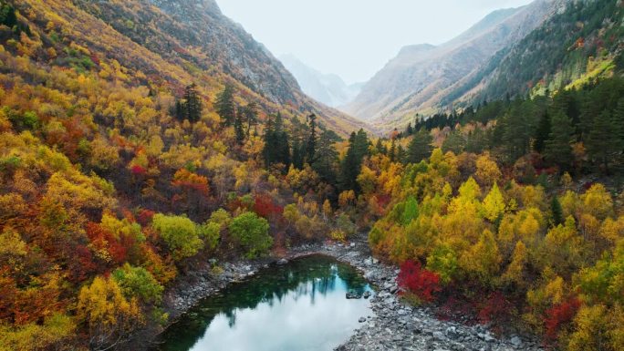 秋季山谷风景如画，森林中独特的高原湖泊，航拍