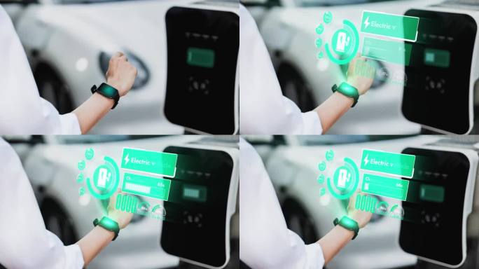 商人通过智能手表全息图检查电动汽车电池状态。细读