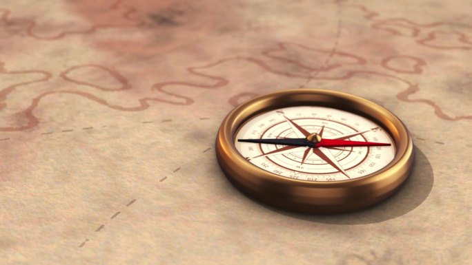 复古风格的指南针针在旧地图上旋转