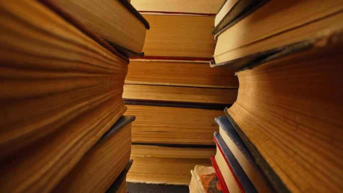 图书馆的旧书堆，滑块微距镜头在古董店，书店。
