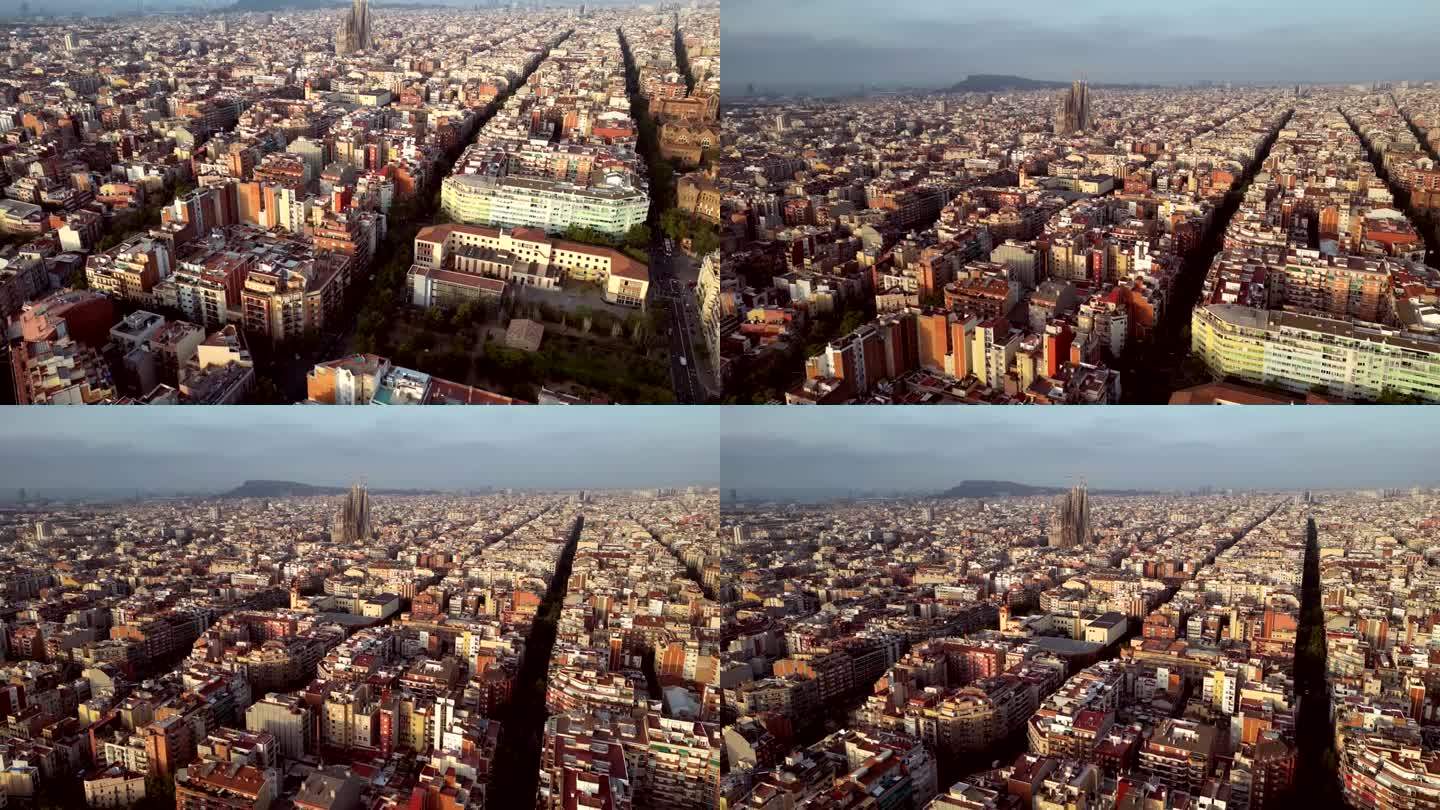 超广角和电影的空中无人机拍摄巴塞罗那市与圣家堂在加泰罗尼亚社区的中间。