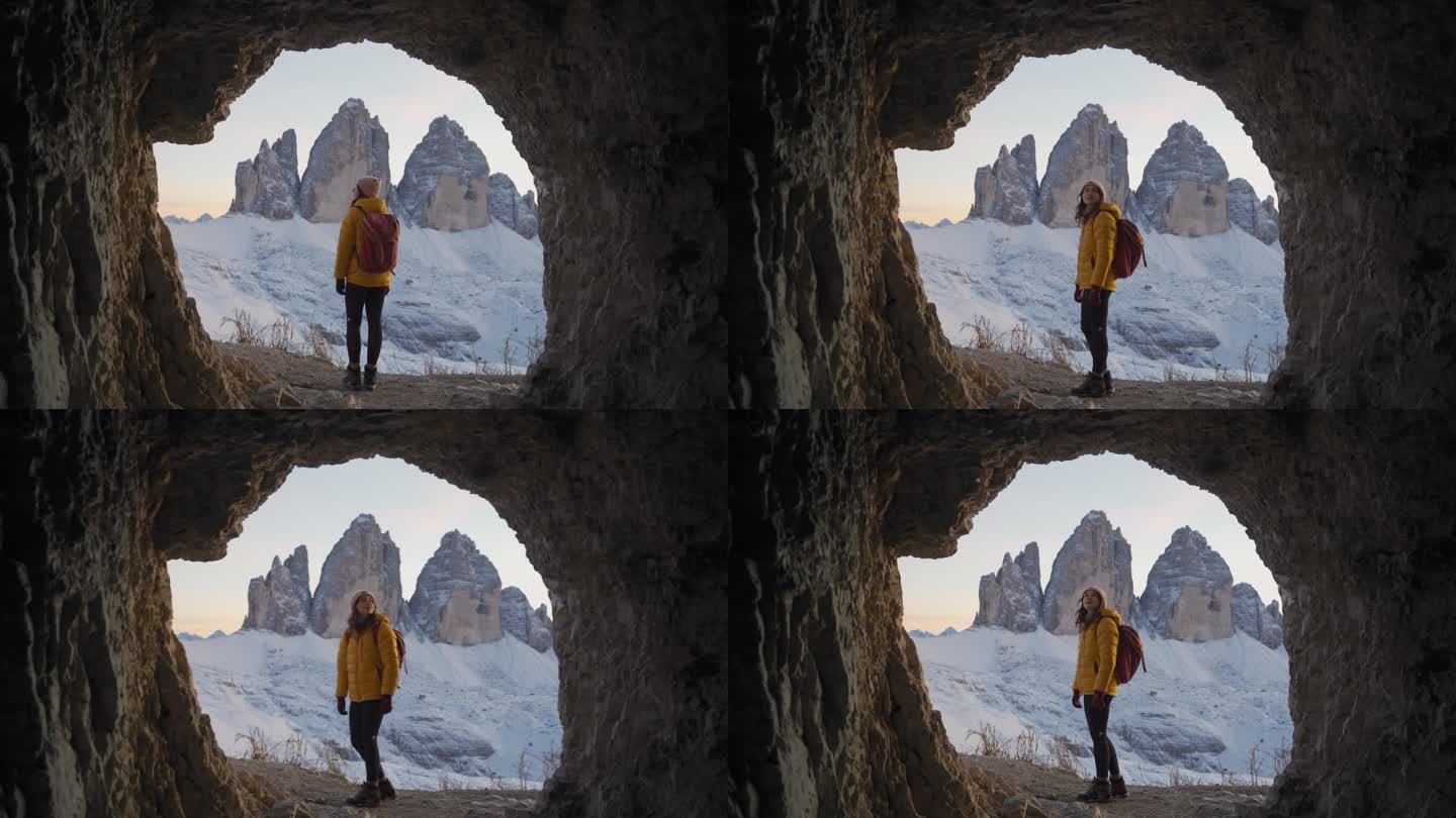 冬天里洞穴里的女人，以拉瓦雷多树为背景