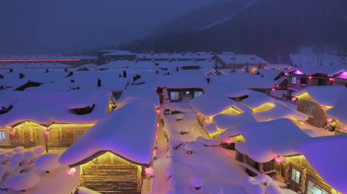 东北雪乡冬季夜景航拍扭秧歌活动