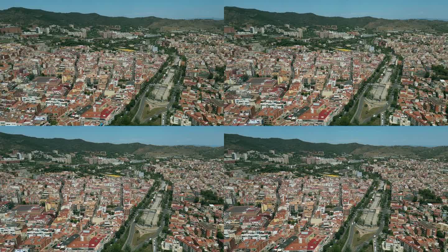 无人机拍摄的巴塞罗那市中心一条宽阔的道路。